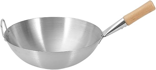 Mango de madera de acero inoxidable Wok Sartén de acero de una sola manija Sartén de fondo redondo Pan Chef Restaurante Comercial Hogar Cucharón Wok