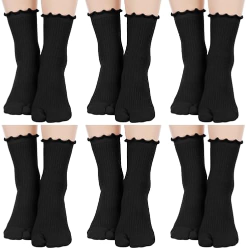 Bencailor 6 Pairs Tabi Split Toe Socks Ruffle Frilly Tabi Socks Elastic Cotton Sandal Socks for Men Women