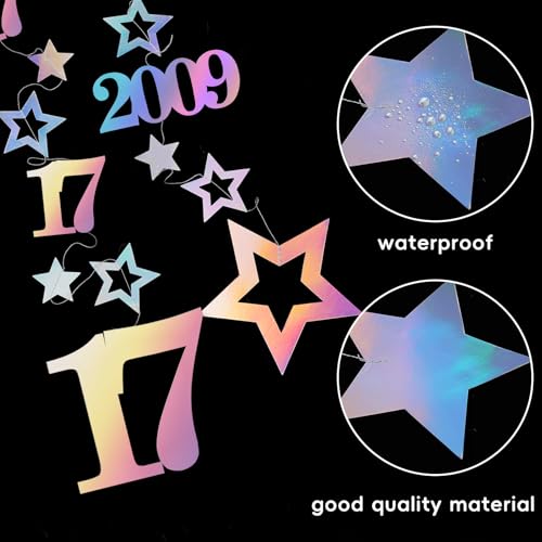 Image of Eucutur Iridescent 17th Birthday Decorations for Girls Boys, Pre-Strung Glitter Twinkle Number Vintage 2009 17 Years Old Hanging Streamer Banner Party Supplies, Seventeen Bhday Decor