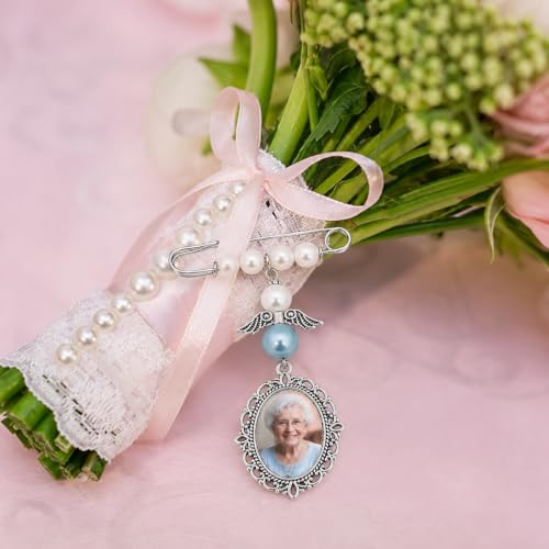 Image of MIXJOY Something Blue Gift for Bride, Wedding Day Bridal Blue Pearl Angel Wings Bouquet Garter Charm for Bride to Be