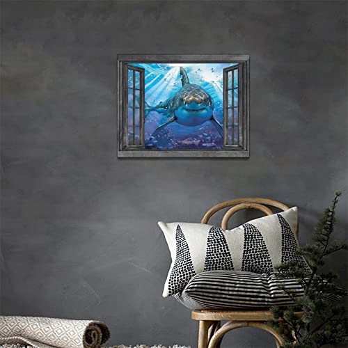 Nautical Shark Wall Art Coastal Ocean Theme Shark Pictures Wall Decor Sea Life Canvas Print Seascape Painting Framed Modern Home Artwork For Bathroom Living Room Bedroom Office 16"X12" #TOP1