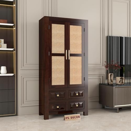 Image of PS DECOR Solid Sheesham Wood Bookshelf Cabinet with Cane Rattan Doors & 4 Drawers | Wooden Book Storage Unit for Home Library, Living Room & Office | Double Door Bookcase Organizer (Walnut Finish)