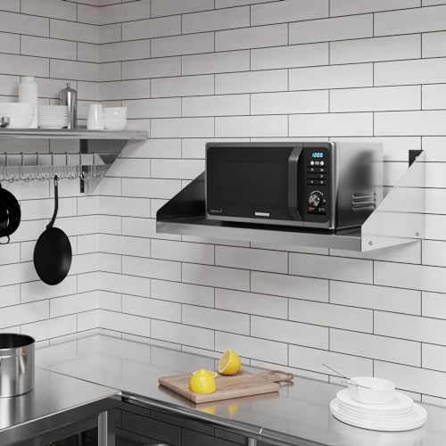 Image of AmGood Stainless Steel Microwave Shelf | NSF Certified | Appliance Shelf | Heavy Duty | Commercial Grade | Wall Mount | Silver (30 inch Length x 18 inch Width)