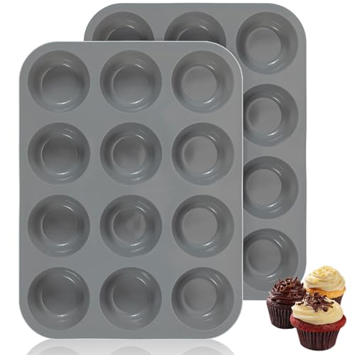 Vinuwu 2 Pack Muffin Trays Silicone Muffin Moulds 12 Cup Non Stick Muffin Cupcakes Tin 12 Deep Baking Tray for Cupcakes Yorkshire Bun Pudding Baking Moulds Tins-30 x 22 x 3 cm