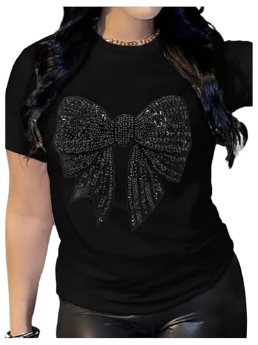 Image of RoseSeek Women's Rhinestone Sequin Bowknot Graphic Tees Short Sleeve Crewneck Summer Tops Going Out T Shirt