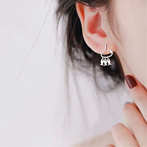 Sterling Silver Fish Hook Earrings For Women Girls S925 Dangle Stud Tiny Cute 3 Fishes Fishing Tassel Drop Hypoallergenic Micro Black Cz Eye Dainty Personalized Funny Jewelry Birthday Gifts #TOP1