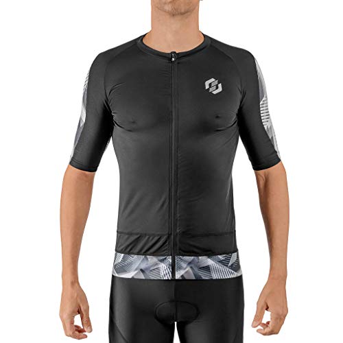 SLS3 Tri Top Men Short Sleeve | Triathlon Tops Mens Aero Cycle Jersey | 1 Pocket | Full Zipper Triathlon Tops | Singlet | Shirt | Ideal for Longer Distances (Black/Gray Geo, M)