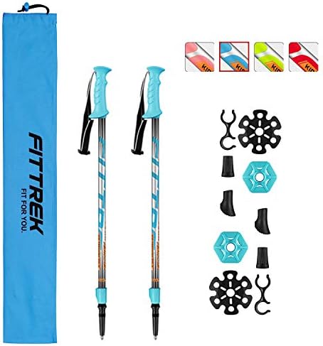 FitTrek Hiking Poles for Kids - Ultralight Nordic Walking Sticks - Telescopic Child Trekking Poles Collapsible 2 Pack Blue