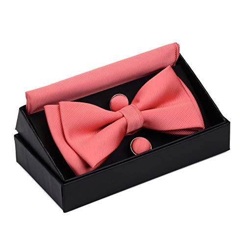 Image of GUSLESON Mens Solid Color Two Layer Pre-tied Bow Tie and Pocket Square Cufflink Set with Gift Box