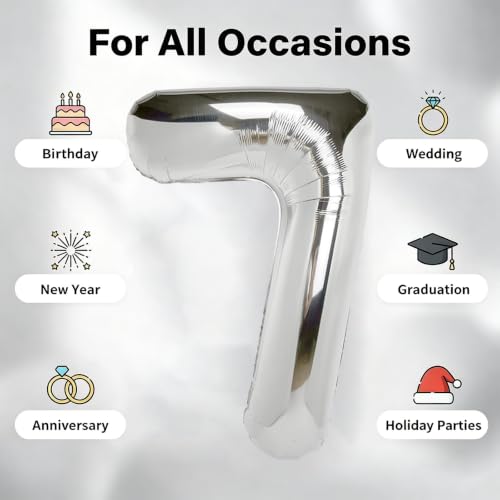 Image of Number Balloons Silver Party Balloon - Giant Number 7 Balloon, 40 Inch Large Balloon for Birthday Decorations, Silver Party Supplies for Anniversary