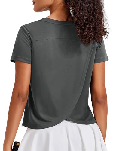 Image of PINSPARK Sports T-Shirt Women's Gym Tops Short Sleeve Workout Casual Running Shirts Ladies Yoga Top Crew Neck Fitness T-Shirts Dark Gray XL