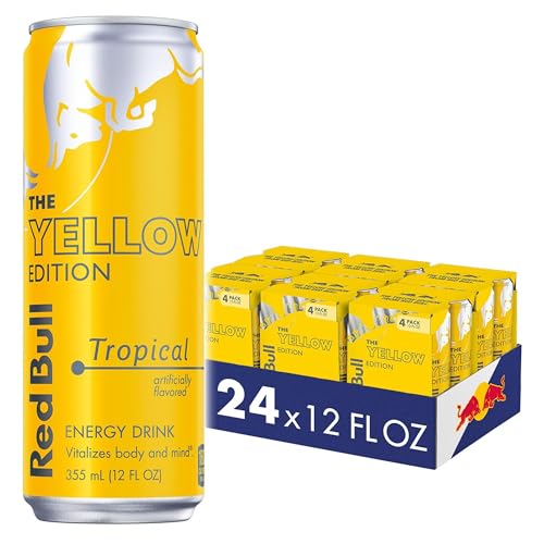 Image of Red Bull Yellow Edition Energy Drink, Tropical, with 114mg Caffeine plus Taurine & B Vitamins, 12 Fl Oz, 6 Packs of 4 Cans (Pack of 24)