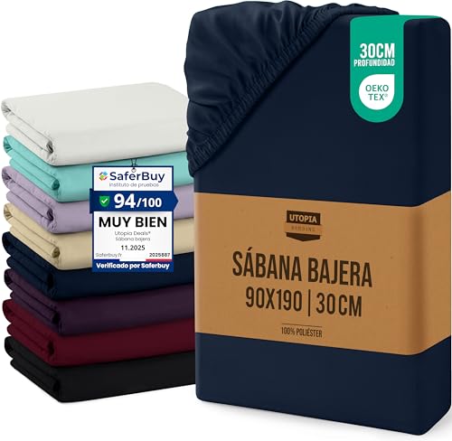 Utopia Bedding Sabana Bajera 90x190x30 cm - Azul Marino - Bolsillo Profundo - Certificado Oeko Tex - Microfibra de Poliéster Cepillado (Cama 90)