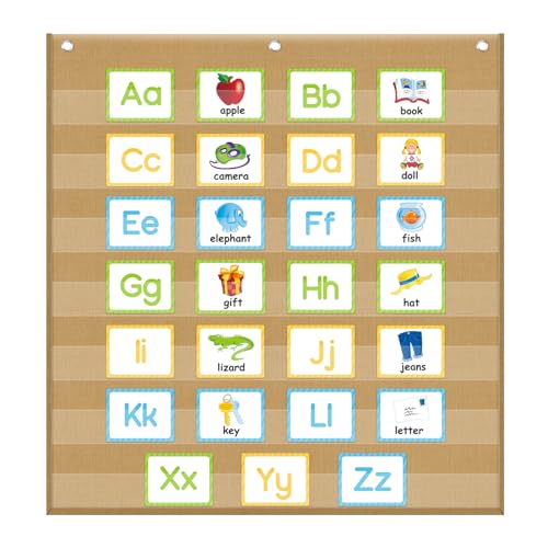 Godery Burlap 7 Pocket Chart for Teacher Lessons in a Classroom or for Use at Home – Fits Standard 3” Sentence Strips and Cards (28