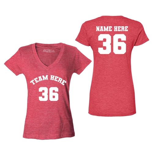 Custom Sports Team Jersey Your Name and Number Women's V-Neck T-Shirt Large Heather Red