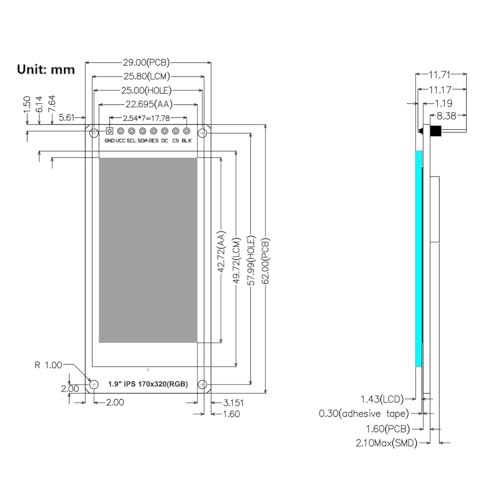 Image of 1.9 inch SPI LCD Display Module 170x320 IPS Screen ST 7789 with 65K RGB Colors Compatible with Arduino