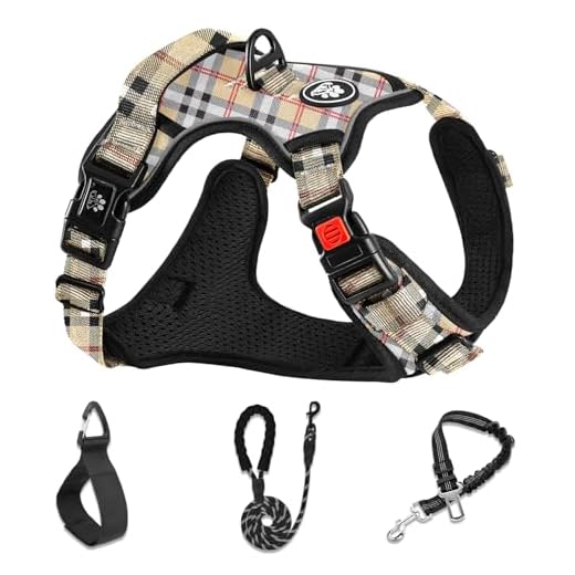 NESTROAD No Pull Dog Harness with Leash, Reflective No Choke Pet Vest Harness,Adjustable Soft Padded Dog Harness with Easy Control Handle for Small Dogs(Checkered Beige,Small)