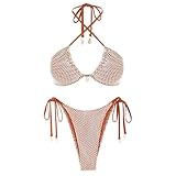 ZAFUL Women's Bikini Set Fishnet Triangle Tie Convertible Collar Halter Bandeau Shell Two Piece Bathing Suit Brown