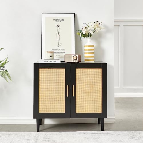 CHF DPT Sideboard Buffet Cabinet with Natural Rattan Doors, Rattan Storage Cabinet with Adjustable Shelves, Sideboards and Buffets with Storage, Modern Console Cabinet for Bedroom, Living Room