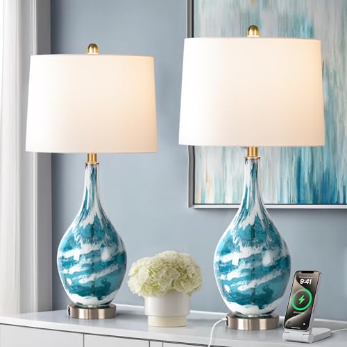 Maxax Coastal Glass Table Lamps Set of 2 Blue Bedside Lamp with USB Charging, Modern Bedside Desk Lamp with White Shade for Living Room Bedroom Coffee Nightstand (ETL Certified) - Image 8