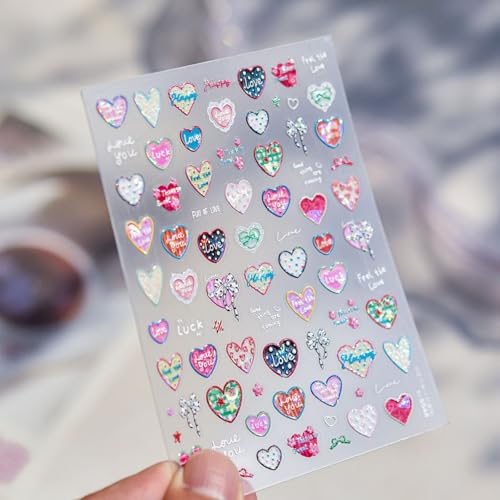 Image of Colorful Heart Nail Stickers - Love Lettering & Bow Design 5D Sparkle Self Adhesive Nails Decals for Women Cute Manicure DIY Decoration (1 Sheet)