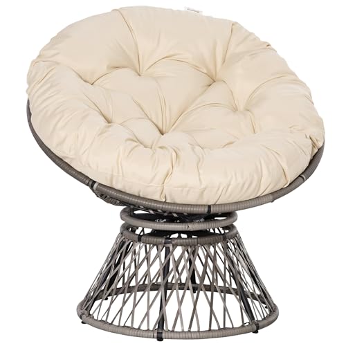 Outsunny Fauteuil Rond de Jardin Fauteuil papasan pivotant Grand Confort Ø 97 x 90H cm Grand Coussin fourni Polyester résine tressée crème