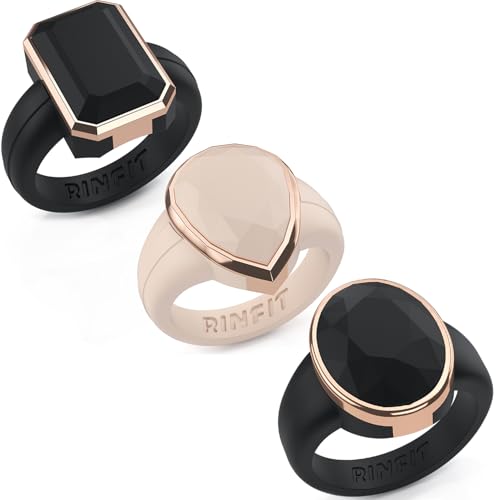 Rinfit Silicone Wedding Rings for Women - Rubber Engagement Bands - Stainless Steel Frame - Emerald Black/Pear Nude/Oval Black with Metal Rose Gold - Size 7