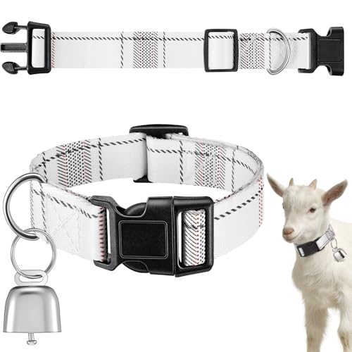 Image of Goat Collar with Bell, Sheep Grazing Copper Bells and Adjustable Nylon Collar Set Loud Bronze Bell for Summer Small Farm Animal Sheep Cow Dog Accessories Gift(White Stripes)