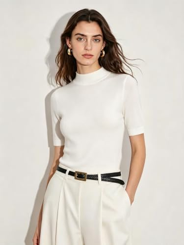 Image of Short Sleeve Mock Neck Turtleneck Sweater Tops Knit T Shirts Capsule Wardrobe Essentials