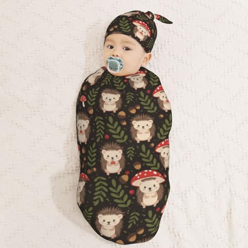 Image of Cute Baby Hedgehog and Mushrooms Newborn Swaddle Blankets Hat Sets Soft Baby Receiving Blanket Swaddle Sack for Baby Shower Infant Boy Girl Gift
