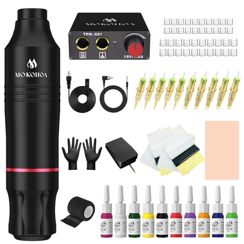 Mokohoa Tatoo Machine Kit, Tattoo Pen kit, Tattoo Supplies Kit with Ink, Cartridge Needles, Practice Sheet, Rubber Gloves (Carbon Black)