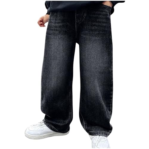 Anjikang 2025 Boys Baggy Jeans Casual Baggy Straight Leg Denim Sweatpants Elastic Waist Loose Wide Leg Jean Pants with Pocket