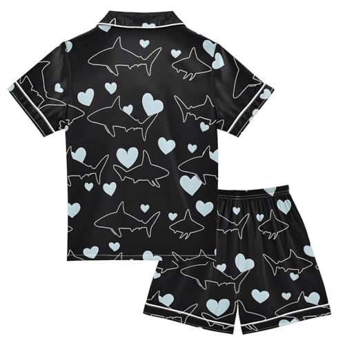 ALAZA Shark Line Heart Black Satin Pajamas Set Short Sleeve Button Down Sleepwear Summer Pjs 2 Piece2