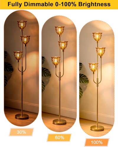 Image of Lightdot 66IN 3-Lights Modern Glass Floor Lamp Gold Dimmable Floor Lamps with 3000K Warm White Bulbs for Wedding Party Tall Standing Lamp with Amber Glass Shade for Living Room /Bedroom /Home Decor