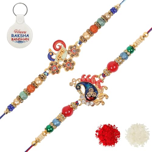Image of Riddhika Ventures Ravishing Gold Plated Meenakari Peacock and Krishna Rakhi Bracelet (Set of 2) with Roli Chawal and Greeting Card || Raksha Bandhan Traditional Festive Gift (Rakhi With Keychain K6K8K)