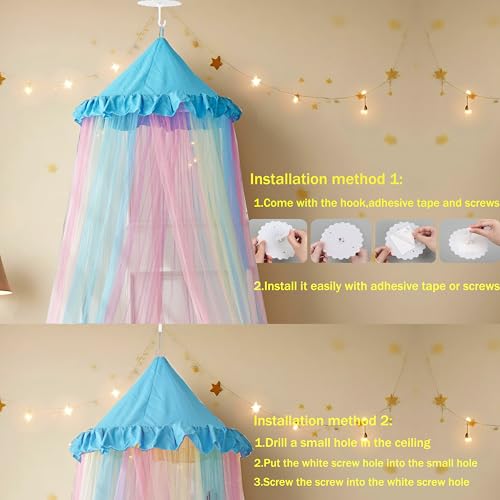 Image of Blue Rainbow Bed Canopy Twin Size Breathable Canopy Bed Curtain for Bed,Princess Play Tent for Girls Bedroom Decoration Reading Nook