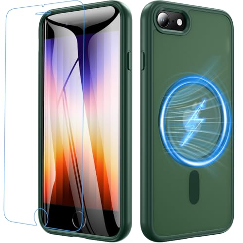 For iPhone SE3/SE2/8/7 用 ケース 第2世代 第3世代【ガラスフィルム付き・MagSafe対応】米軍MIL規格 耐衝撃 ワイヤレス充電対応 黄変防止 指紋防止 TPU + PC素材 iPhone SE(2022)スマホケース 4.7イ
