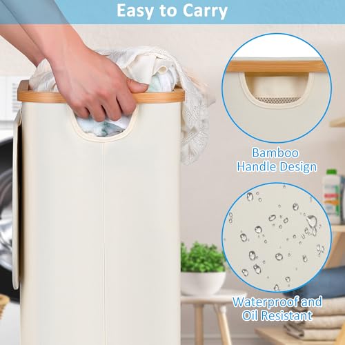 Image of efluky Slim Laundry Basket with Wheels, Tall Rolling Laundry Hamper with Lid and Removable Bag, Aesthetic Dirty Clothes Hamper on Wheels for Laundry Room, Bedroom, Dorm and Bathroom,75L Beige