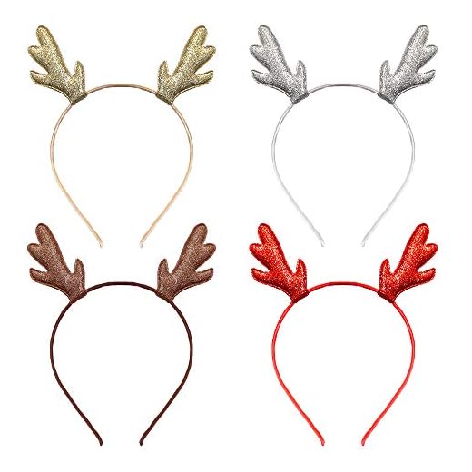 Faixa de cabeça de rena de Natal com glitter, chifres de rena, tiara de cabelo de Natal, faixa de cabelo feminina, cervo, faixa de cabelo, argola, decoração de festa, cosplay, acessórios de cabelo fofos, pacote com 4, Colorful