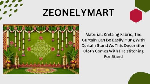 Image of Bride Backdrop Decoration | Housewarming Green Muggu Backdrop with Hanging White Jasmine and Pink Lotus Garlands 8x8 Feet | Lakshmi Backdrop Cloth for Decoration Pooja
