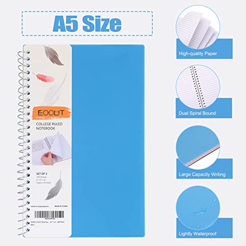 Eoout 2 Pack Small Spiral Notebook, 2-Subject Notebook, Plastic Cover Lined Spiral College Ruled Notebooks 9-1/2" X 6", 100 Sheets #TOP2