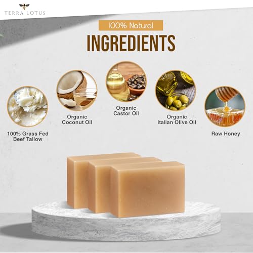 Organic Tallow Soap with Organic Castor Oil & Raw Honey - Relief for Dark Spots, Acne Marks, Hydrating & Nourishing - 3 Pack (Unscented) - Image 3
