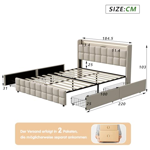 DULRLLY Bett 180x200 mit Stauraum Polsterbett Doppelbett mit 4 Schubladen und Kopfteil Stauraumbetten Jugendbett Funktionsbett 180x200 Bettgestell mit Lattenrost, Ohne Matratz,Linnen (Beige) – Bild 3