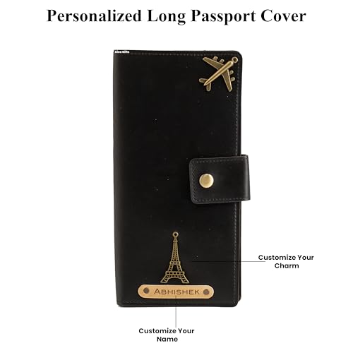 Image of AICA Personalized Name & Charm Long Leather Wallet Passport Cover (Black) with Passport Boarding Pass Organizer Currency Card & Coin Holder for Men & Women | Birthday Anniversary Travel Office Gifts