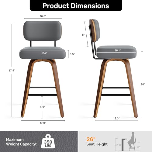 Image of Swivel Bar Stools Set of 4, 26 inch Upholstered Faux Leather Counter Height Barstools with Walnut Back & Bentwood Legs, Mid Century Modern Bar Chairs Island Stools for Kitchen Counter, Dark Grey