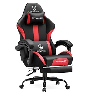 GTRACING Gaming Chair with Foot Rest & Pocket Spring Cushion, Ergonomic High Back Computer Chair with Headrest & 360°-Swivel Seat for Home Office Desk, PU Leather, Red