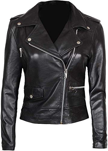 fjackets Black Leather Motorcycle Jacket - Asymmetrical Real Lambskin Leather Jackets for Women | [1300183] Amber M