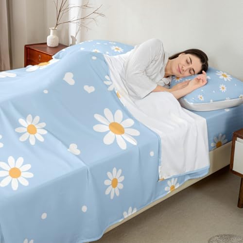 Image of Daisy Flowers Bed Sheet Set Kids Garden Theme Sheets Set 4pc Yellow White Blue Microfiber Soft Bedding Set,1 Flat Sheet,1 Deep Pocket Fitted Sheet,2 Pillow Cases(King Size)