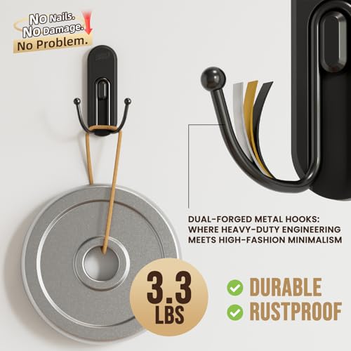 Image of TAILI Adhesive Double Hooks for Hanging, 4 Coat Hooks & 6 Strips, Black