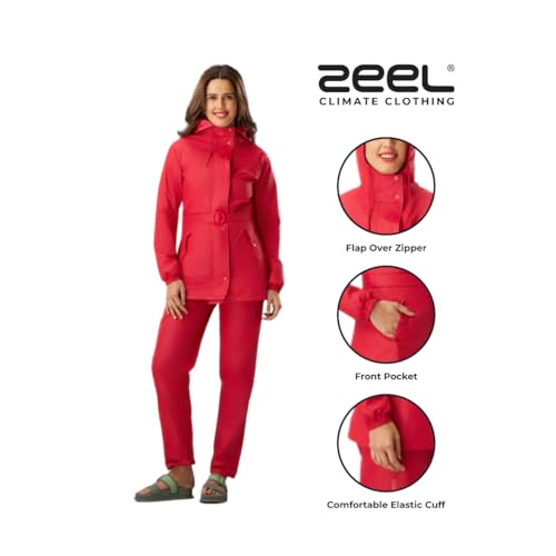 Image of ZEEL Rain Coat for Women Waterproof with Adjustable Hood, Rainwear Suit with Polyester Jacket and Pants for Ladies with Belt, AZ12